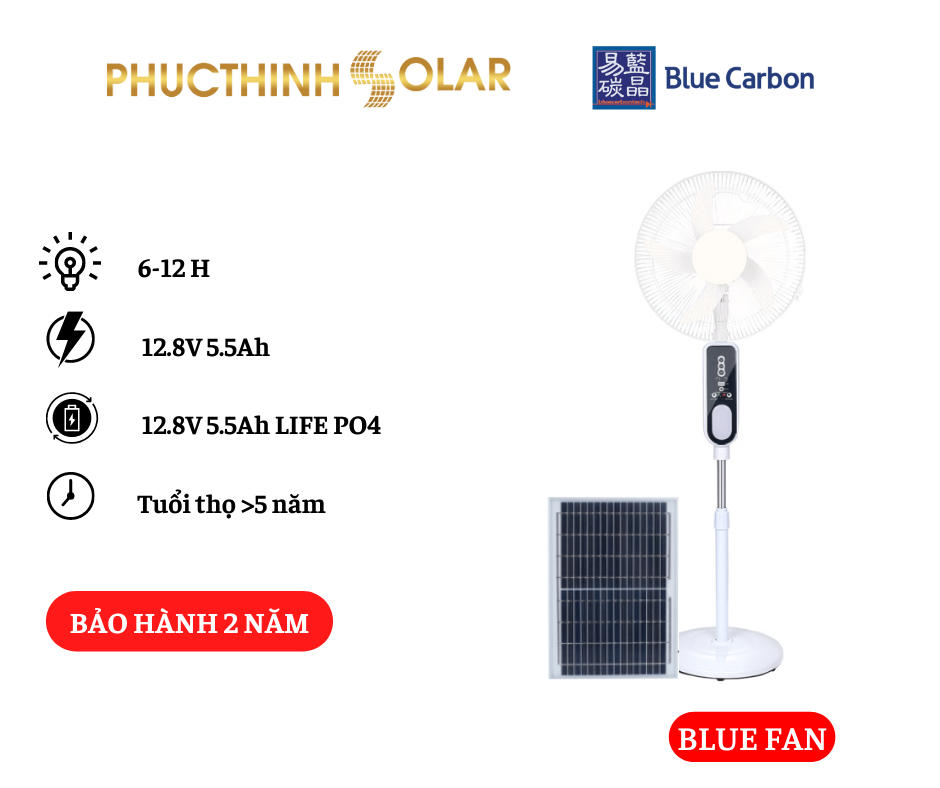 Quạt Năng Lượng Mặt Trời 20W Blue Fan, Quạt Có Điều Khiển Từ Xa, Đèn Thông Minh, Cổng Sạc USB | Phúc Thịnh Solar