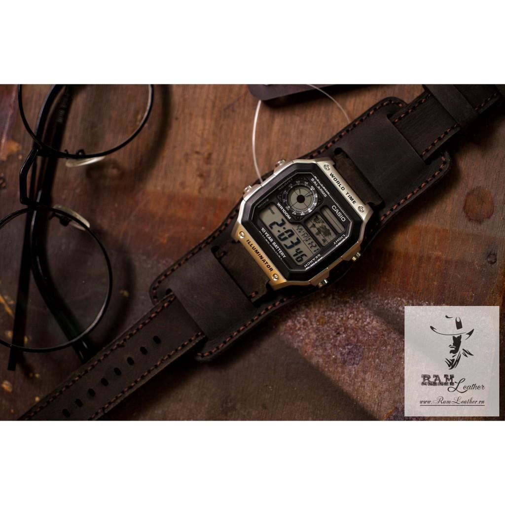 DÂY ĐỒNG HỒ DA BÒ CASIO AE1200 BUNDSTRAP B2+1953 NÂU ĐEN SÁP