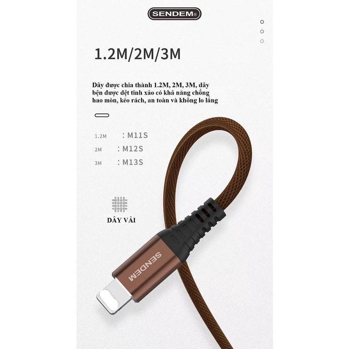Dây sạc nhanh VOOC SENDEM M12S chân cắm L , dây dù dài 2M hỗ trợ sạc 5A QC 3.0, PD - Hàng chính hãng