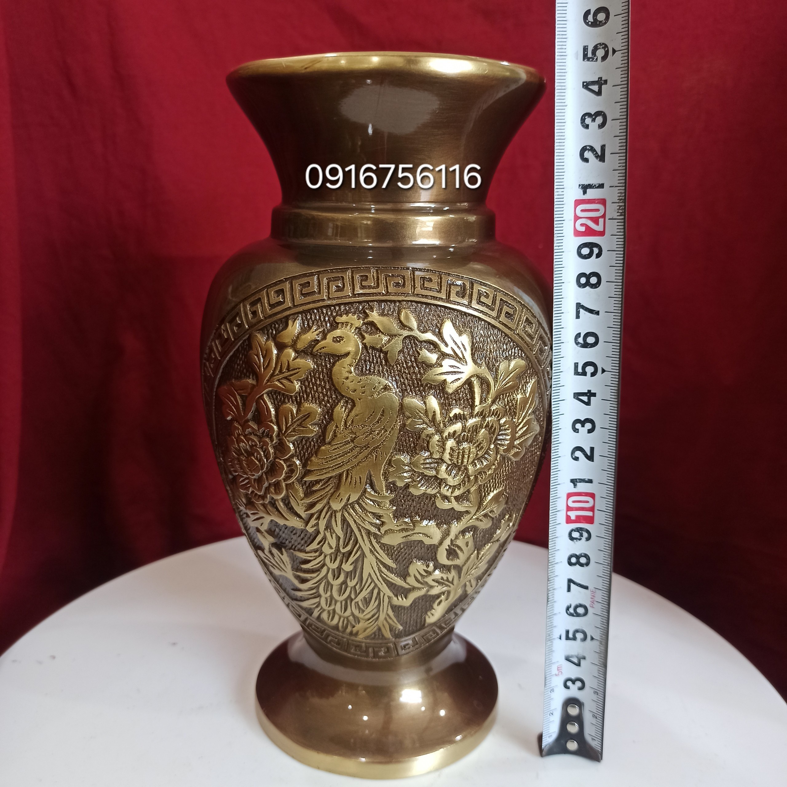 Lọ hoa phượng hoàng đồng vàng màu hun cạo 24.5cm