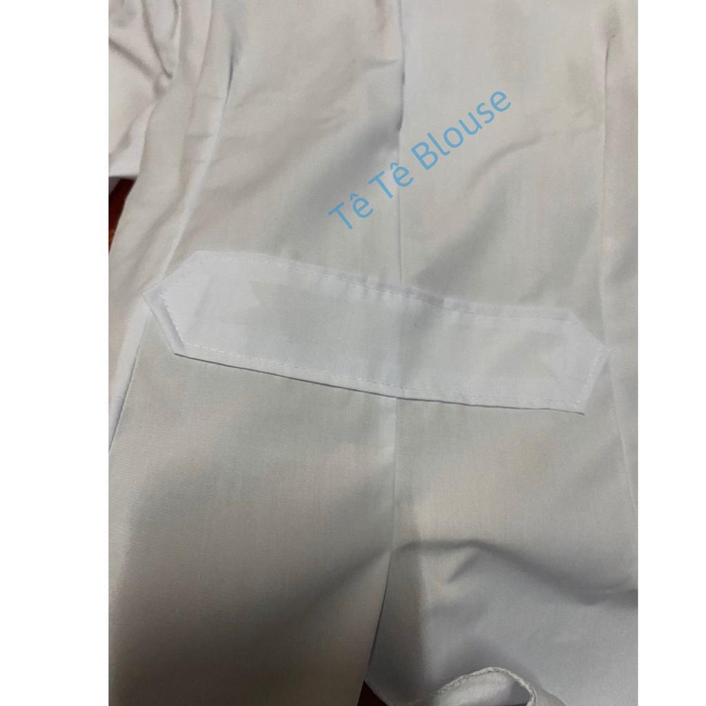 Áo Blouse cổ tròn viền xanh dương có đai eo lưng vải Lon dành cho điều dưỡng, y tá, dược sỹ, sinh viên y