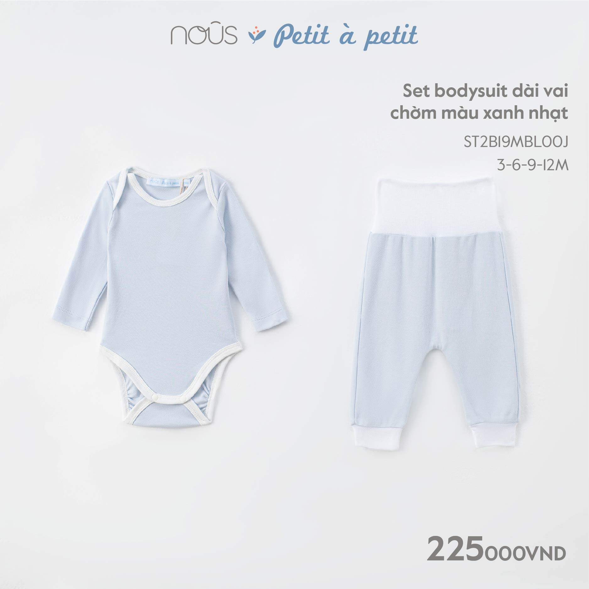 Bộ quần áo liền thân Nous bodysuit chất liệu Nu Petit màu xanh nhạt, trắng dành cho bé 3-6 tháng đến 12-18 tháng