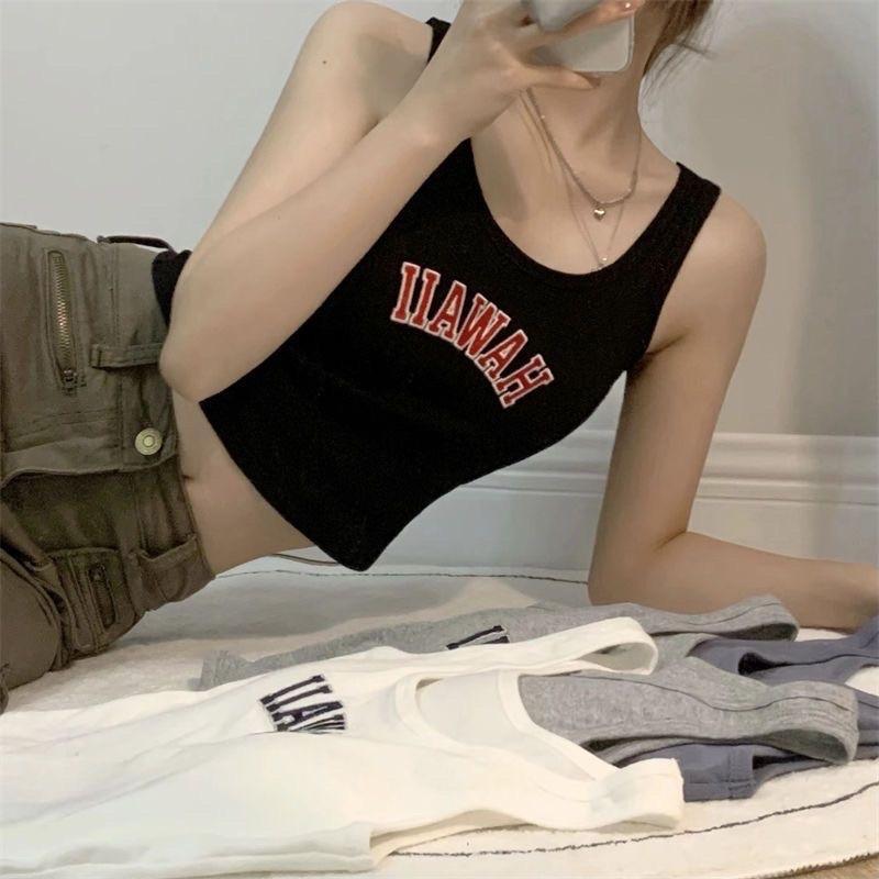 Áo ba lỗ chữ Hawaii có đệm mút liền áo, dáng croptop Tank Top, chất thun tăm cogiãn, nhiều màu để lựa chọn. Nữ Women Cotton Dáng Ngắn
