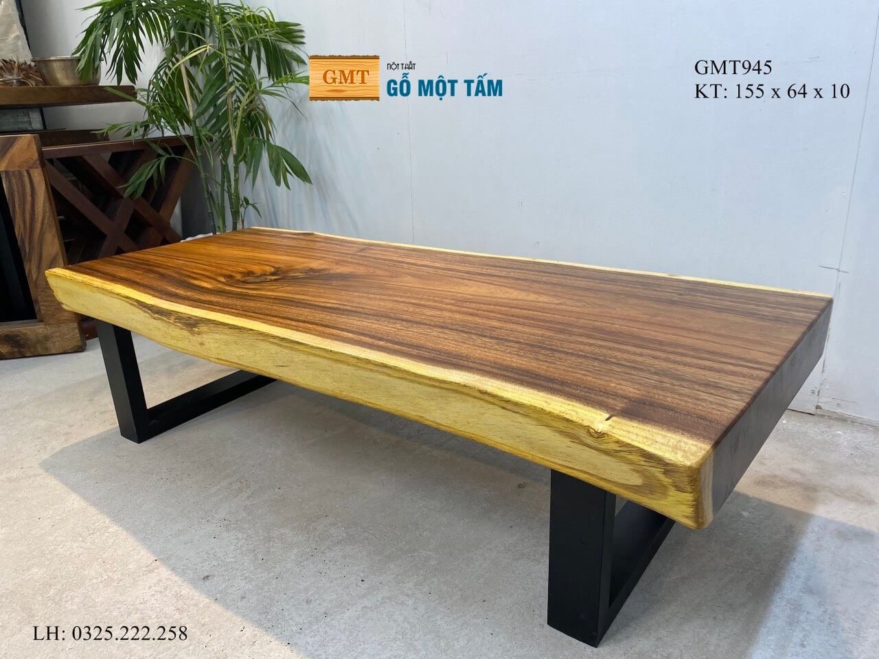 Bàn Gỗ Me Tây Nguyên Tấm, Bàn Phòng Khách Gỗ Me Tây, Bàn Cafe Gỗ Me Tây Dài 1,55m Rộng 64cm Dày 10cm