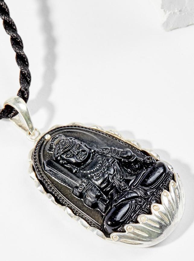 Mặt Dây Chuyền Phong Thủy Đá Obsidian Phật Bản Mệnh Dậu Bất Động Minh Vương Bọc Bạc Ngọc Quý Gemstones