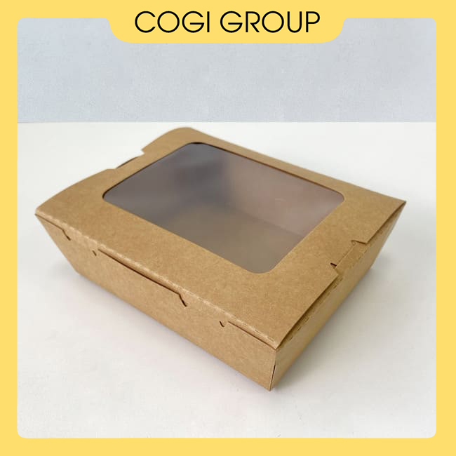 50 hộp giấy kraft nắp cửa sổ dùng 1 lần chính hãng cogi, hộp salat, sushi, hộp bánh nhiều kích thước