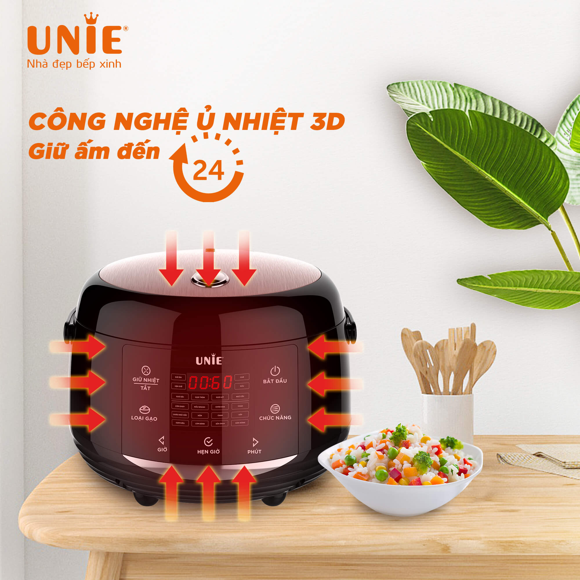Nồi cơm điện UNIE UEC1572B,Công nghệ ủ nhiệt 3D,Lòng nồi gốm cao cấp,giữ ấm lên tới 24h, 16 chương trình nấu đa dạng-hàng chính hãng UNIE