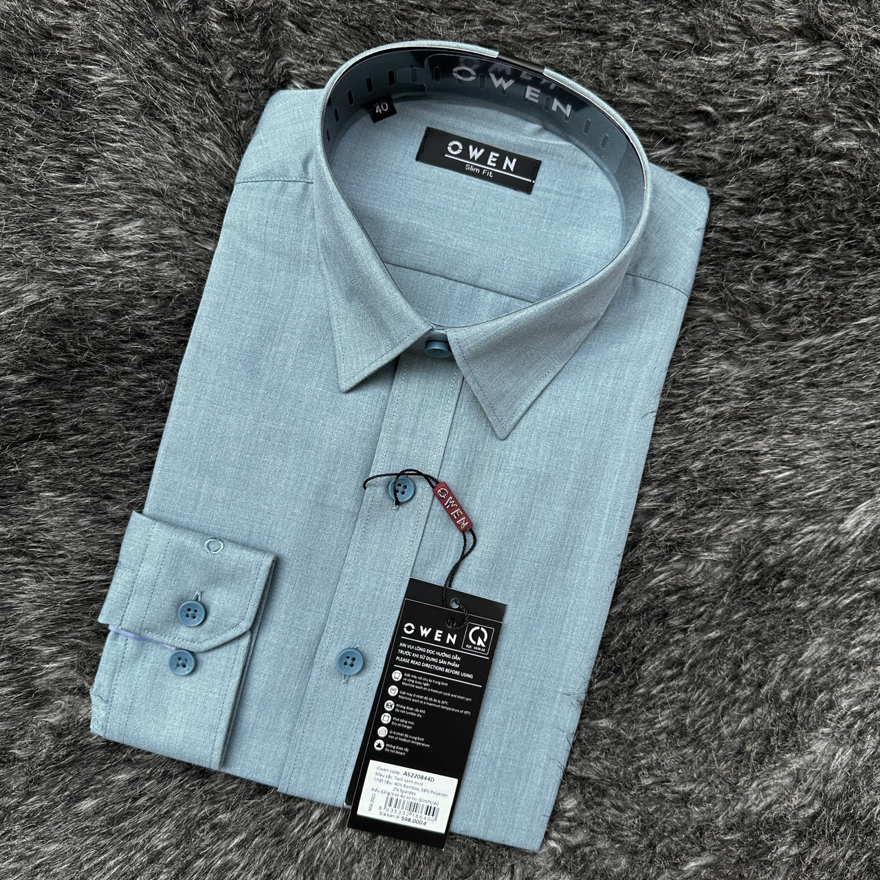 OWEN - Áo sơ mi dài tay Owen SLimfit màu xanh trơn chất sợi tre 220844