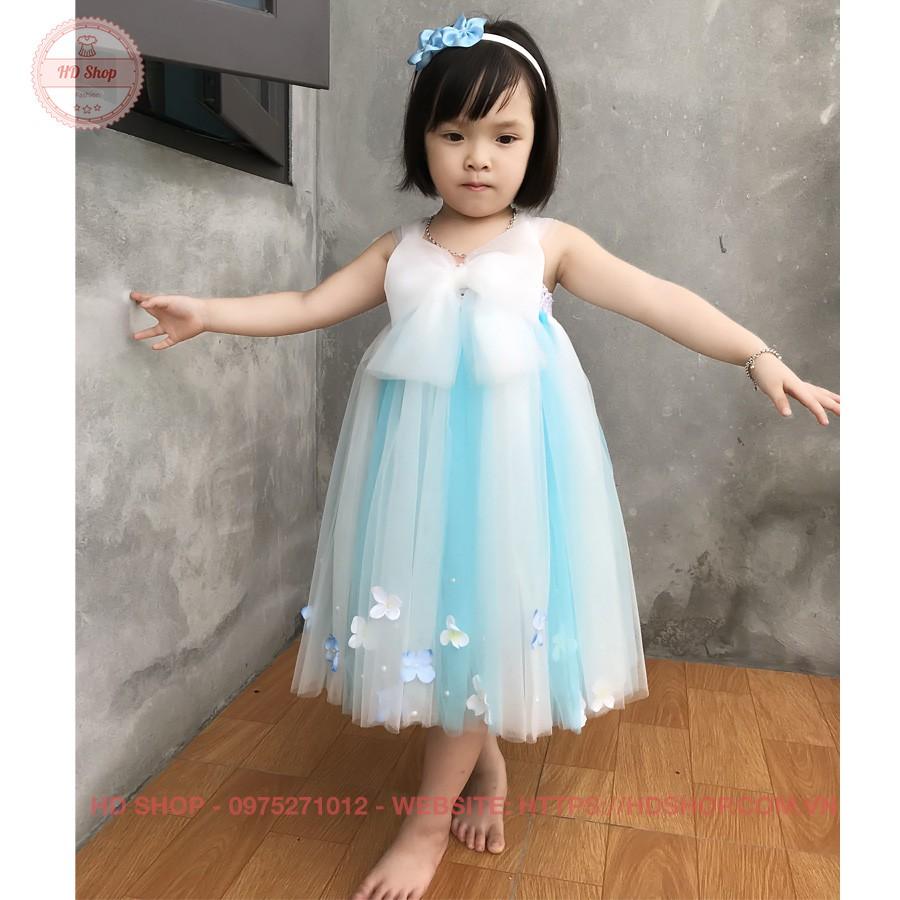 Váy công chúa cho bé ️️ Váy xanh thiên thanh phối trắng nơ trắng cho bé