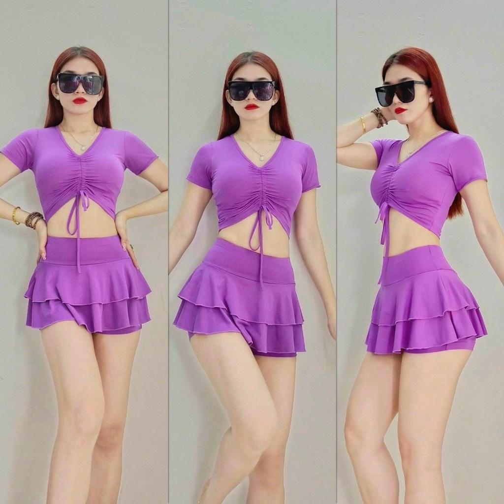 Set váy 2 tâng áo croptop rút dây giữa ngực khiêu vũ, aerobic, đi bơi, gym, đồng phục đội nhóm,biểu diễn nữ