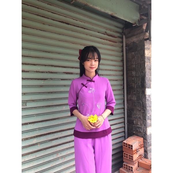 Thời trang nữ cổ tàu đi chùa, áo lam truyền thống cao cấp