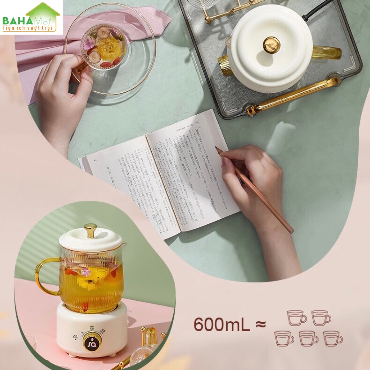 BỘ ẤM PHA TRÀ ĐIỆN (gồm nồi đun, ấm, chén, khay, giá đỡ) CÁCH NHIỆT &quot;BAHAMAR&quot; dùng pha cafe, trà hoa, trà dưỡng nhan… rất nhanh gọn