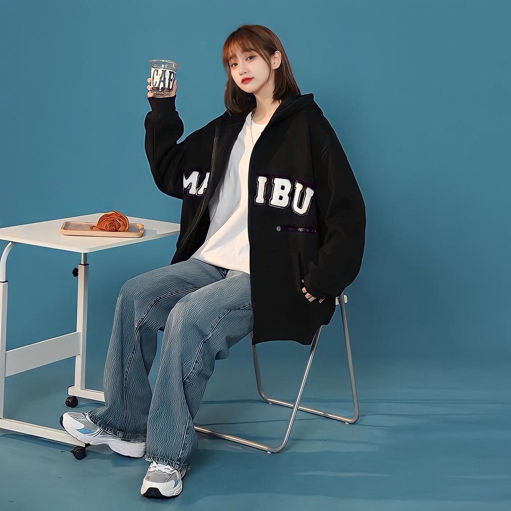 Áo Hoodie Zip Nỉ Ngoại Nam Nữ Dáng Thụng In Chữ MALIBU