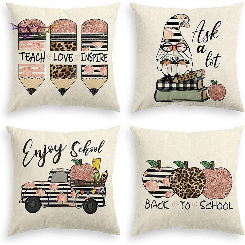 Back to School Pencil Book Gnome Truck Apple Throw Pillow Covers, 18X18 Pillows Cushion Case for Sofa Couch Set of 4