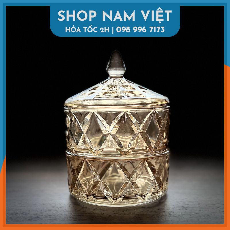 Hủ Mứt Thủy Tinh 2 Tầng Sang Trọng, Thố 2 Tầng Đựng Kẹo Mứt Tết
