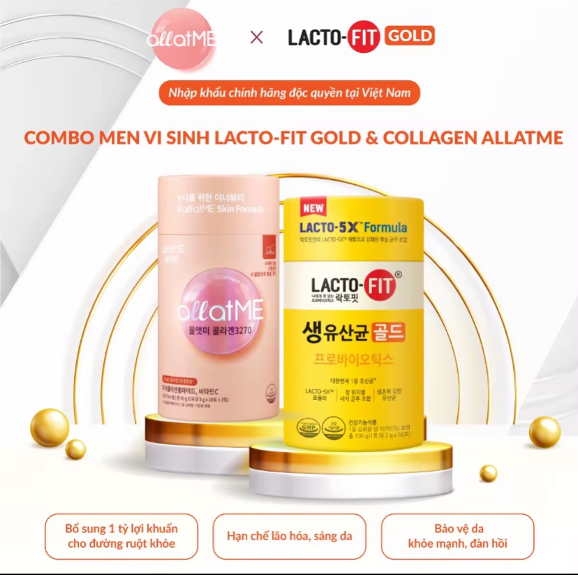 Combo Hộp 50 Gói Men Vi Sinh LACTO - FIT GOLD & Hộp 30 Gói Collagen ALLATME - Khoẻ Đẹp Toàn Diện