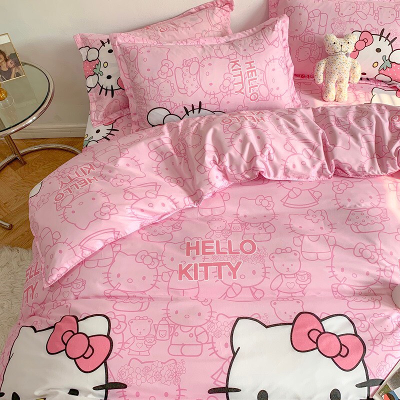 Sét chăn ga gối cotton poly họa tiết mèo hồng cho bé gái may theo kích thước khách đặt