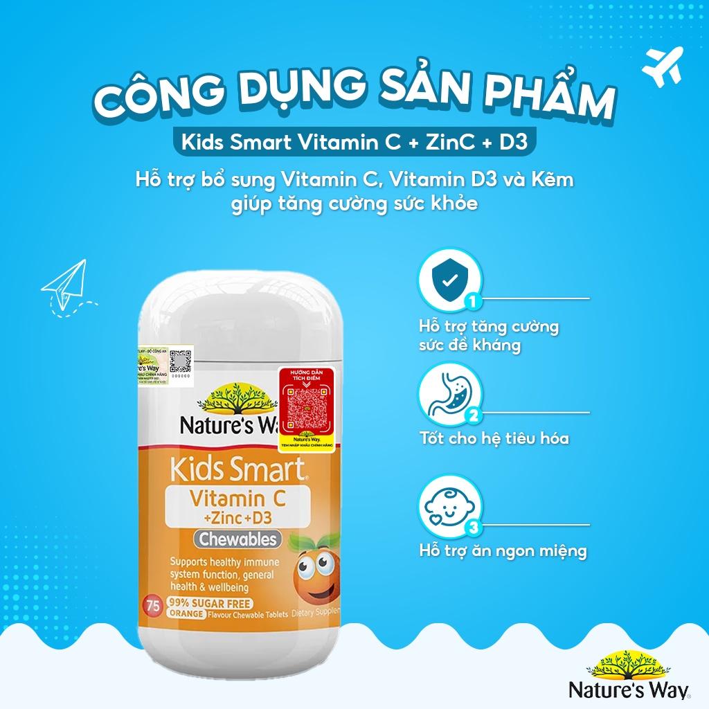 Viên Nhai Nature’s Way Kids Smart Vitamin C+ZinC+D3 Chewable Tablets Bổ Sung Vitamin Cho Bé Phát Triển Toàn Diện 75 Viên