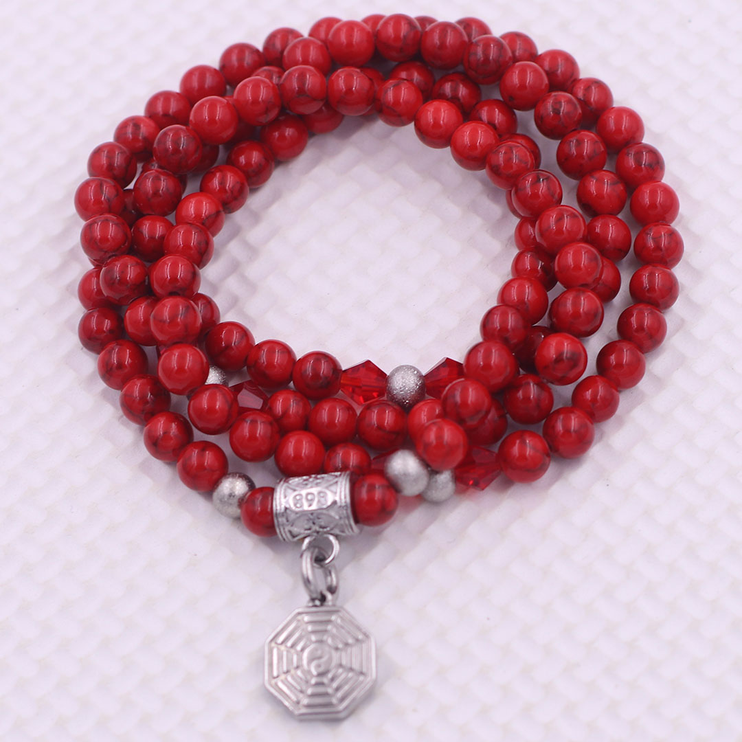 Vòng chuỗi 108 hạt san hô đỏ sọc 6 ly charm bát quái inox - vòng chuỗi niệm Phật, vòng tay chuỗi hạt