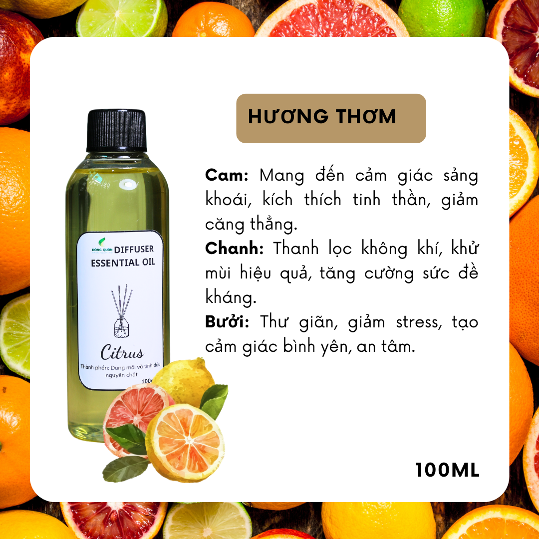Chai Refill tinh dầu tán hương CITRUS (Cam Chanh Bưởi) 100ml, thơm phòng, tỏa hương, tíết kiệm.