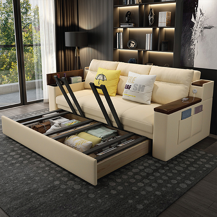 Giường Sofa Thông Minh, Vải Nano Tay Gỗ Óc Chó Cao Cấp Có Cổng Sạc Tiện Lợi - Sofa Gấp Gọn Đa Năng Phong Cách Châu Âu