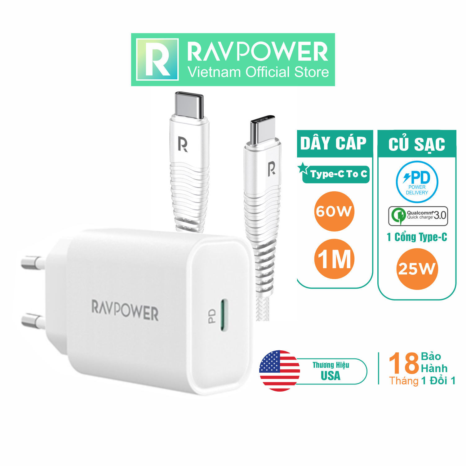 Combo Củ Sạc Nhanh Type-C PPS 25W RAVPower RP-PC156-W và Cáp Type-C To C 60W Dài 1M RP-CB047-W Dành Cho Điện Thoại Android, Cho Samsung, Cho Vivo, Cho Oppo, Cho Xiaomi Và Máy Tính Bảng - Hàng Chính Hãng