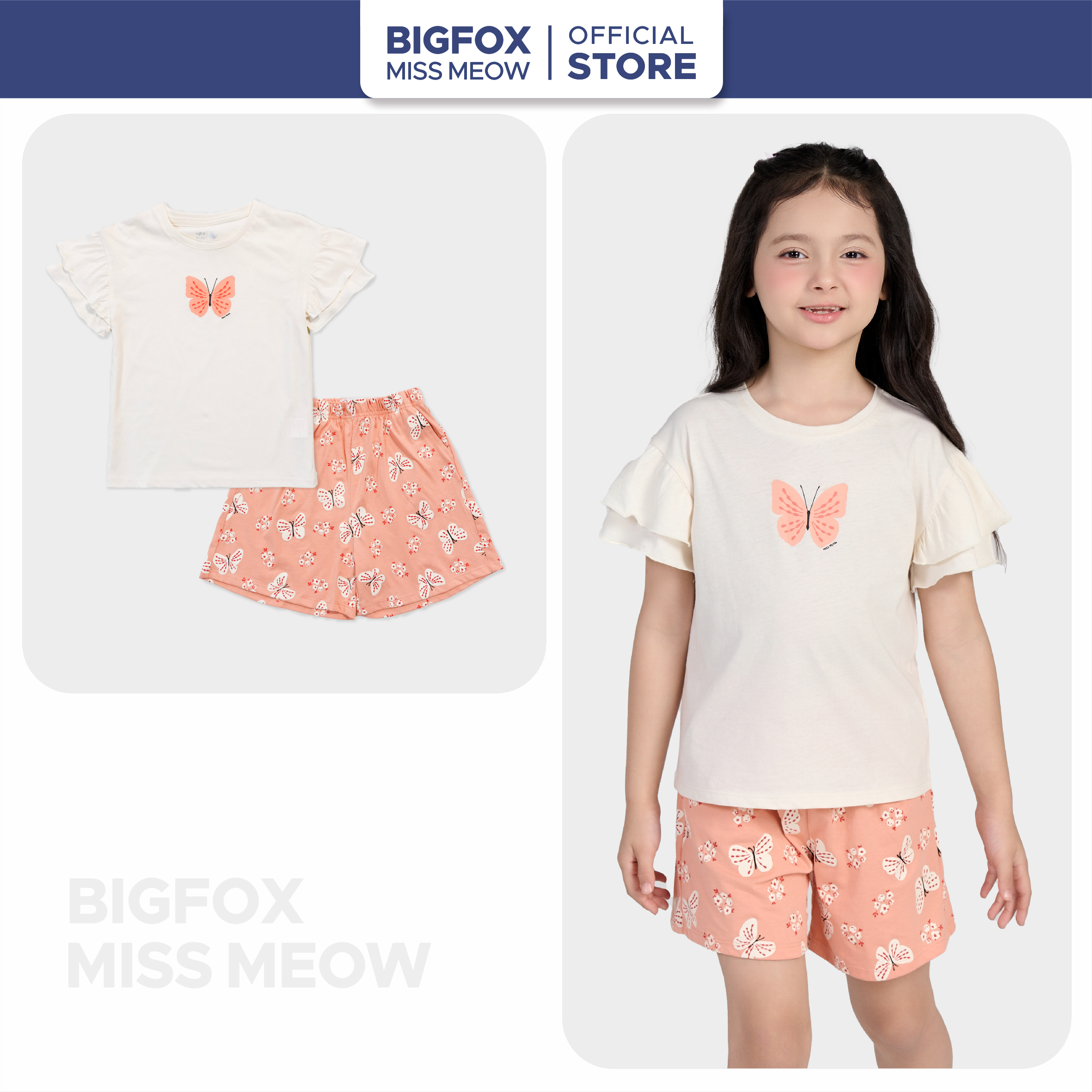 Bộ bé gái Bigfox Miss Meow size đại áo thun cộc tay quần short cotton mặc nhà mùa hè 3-11 tuổi 35kg