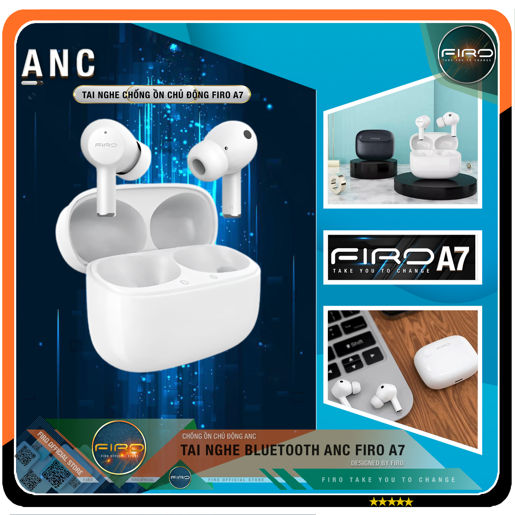 Tai Nghe Bluetooth FIRO A7 - Tai Nghe Không Dây Bluetooth True Wireless FIRO Công Nghệ Chống Ồn Chủ Động ANC - Điều Khiển Cảm Ứng Thông Minh - Kháng Nước IPX5 - Tương Thích Với Tất Cả Dòng Máy - Hàng Chính Hãng