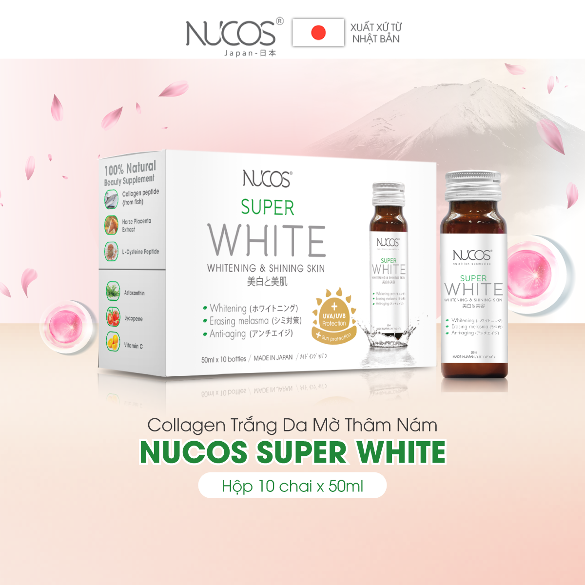 [GIFT] Collagen uống hỗ trợ trắng da mờ thâm nám Nucos Super White​ 10 chai x 50ml
