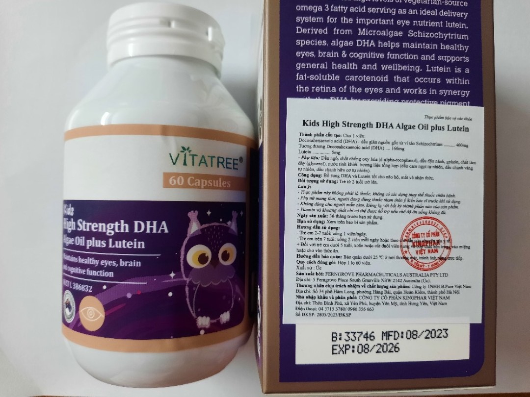 Viên Uống Vitatree Kids Strength DHA Algae Oil plus Lutein, hộp 60 viên, bổ não và mắt cho trẻ, nhập khẩu Úc