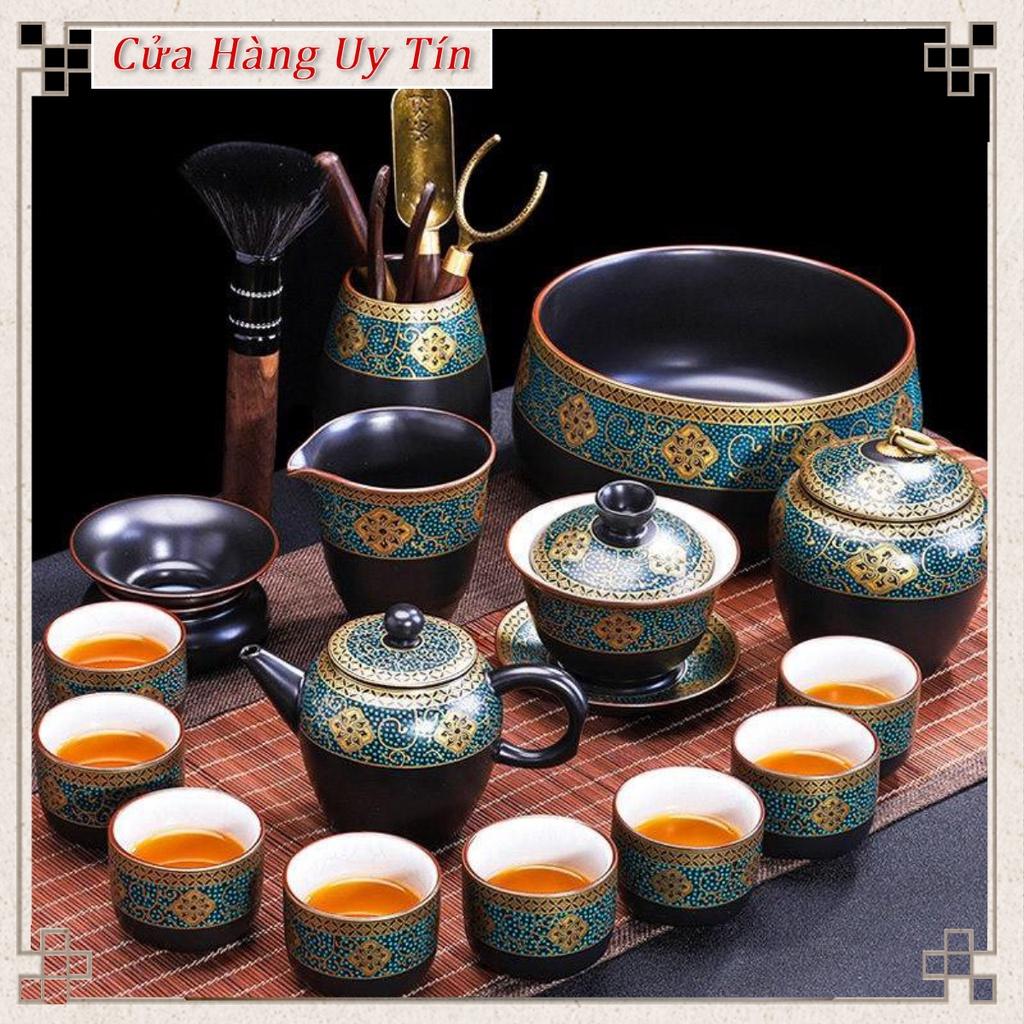 Bộ trà kiểu Nhật 8 chén đầy đủ dụng cụ, hàng cao cấp họa tiết sắc nét