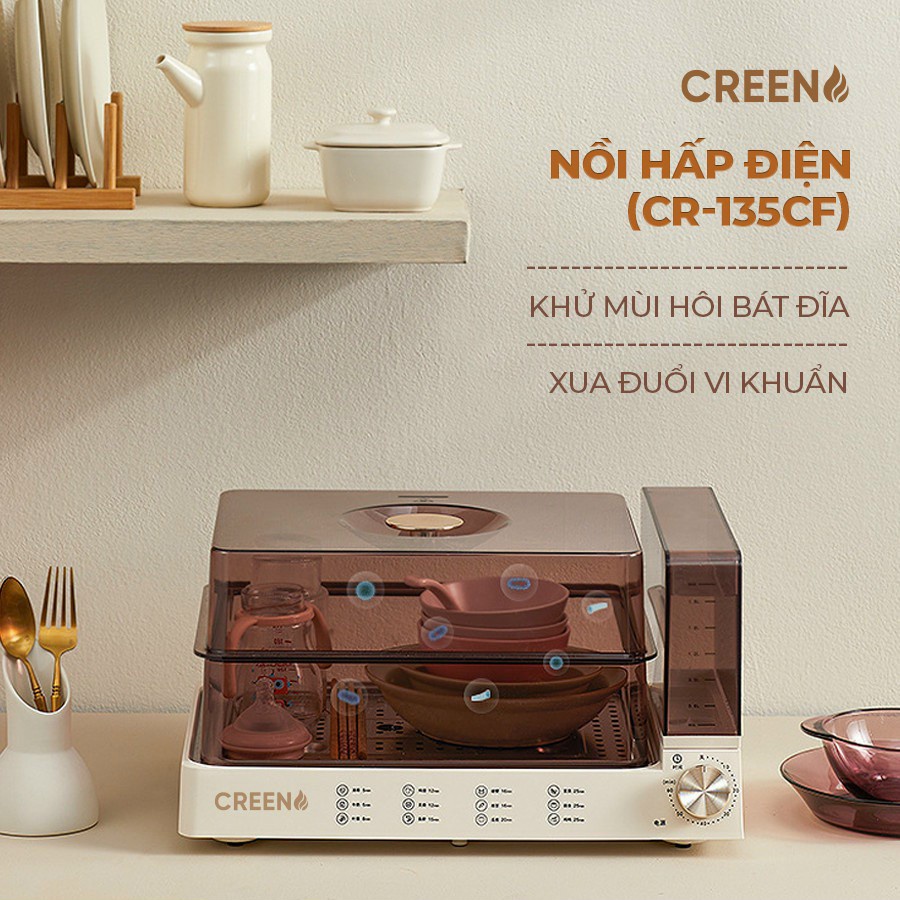 Nồi Hấp Điện Hơi Nước Đa Năng 2 Tầng CREEN CR-135CF, Dung Tích 13.5 Lít, Nồi Hấp Thông Tầng Công Nghệ Hàn Quốc - Hàng chính hãng