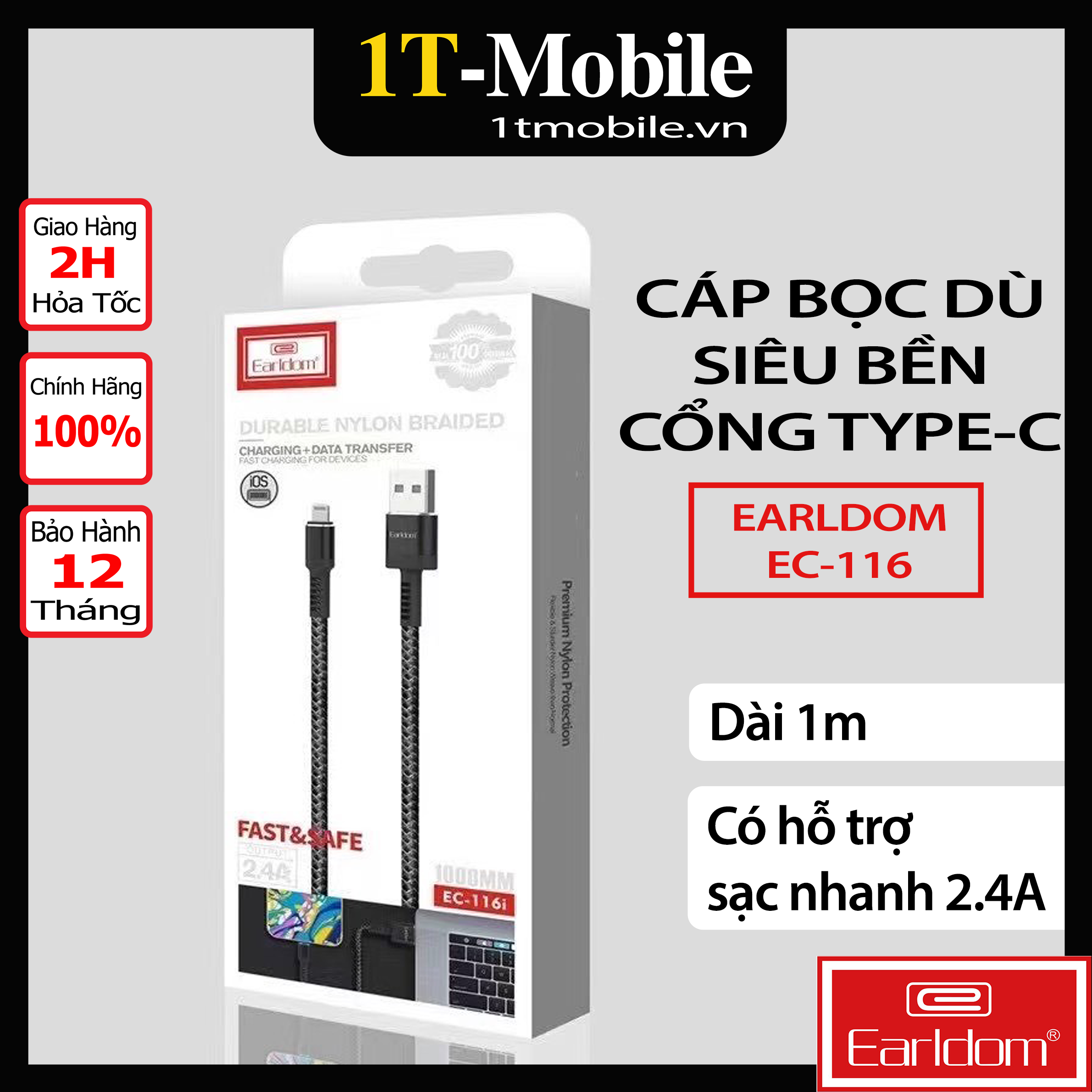 Cáp Sạc Dù Type C Earldom EC – 116 - Hàng Chính Hãng