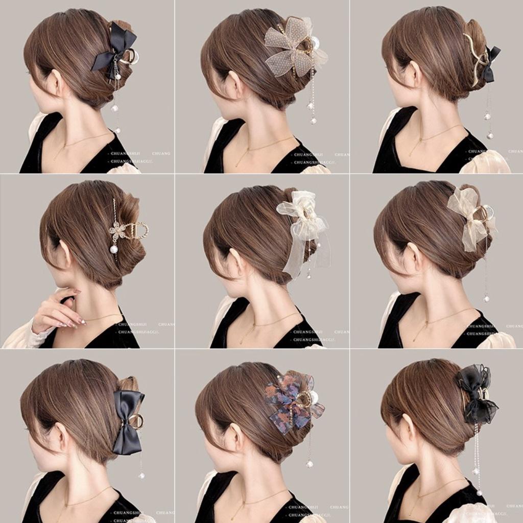 Kẹp tóc càng cua kim loại size lớn đính nơ và hạt châu xinh xắn dành cho bạn nữ