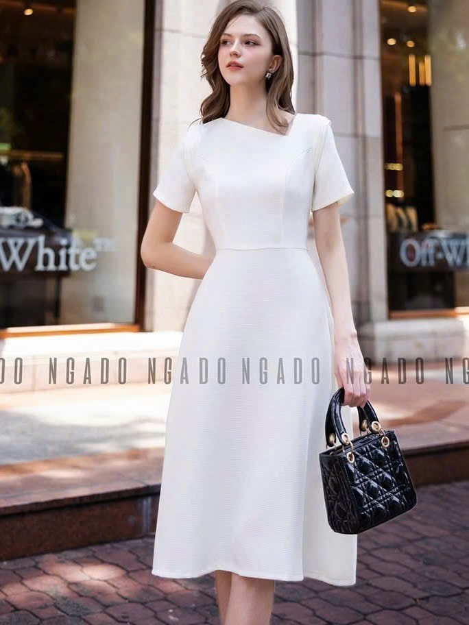 Đầm trắng cổ xéo NGADO , đầm dáng dài , đầm kiểu , đầm nữ , đầm dự tiệc