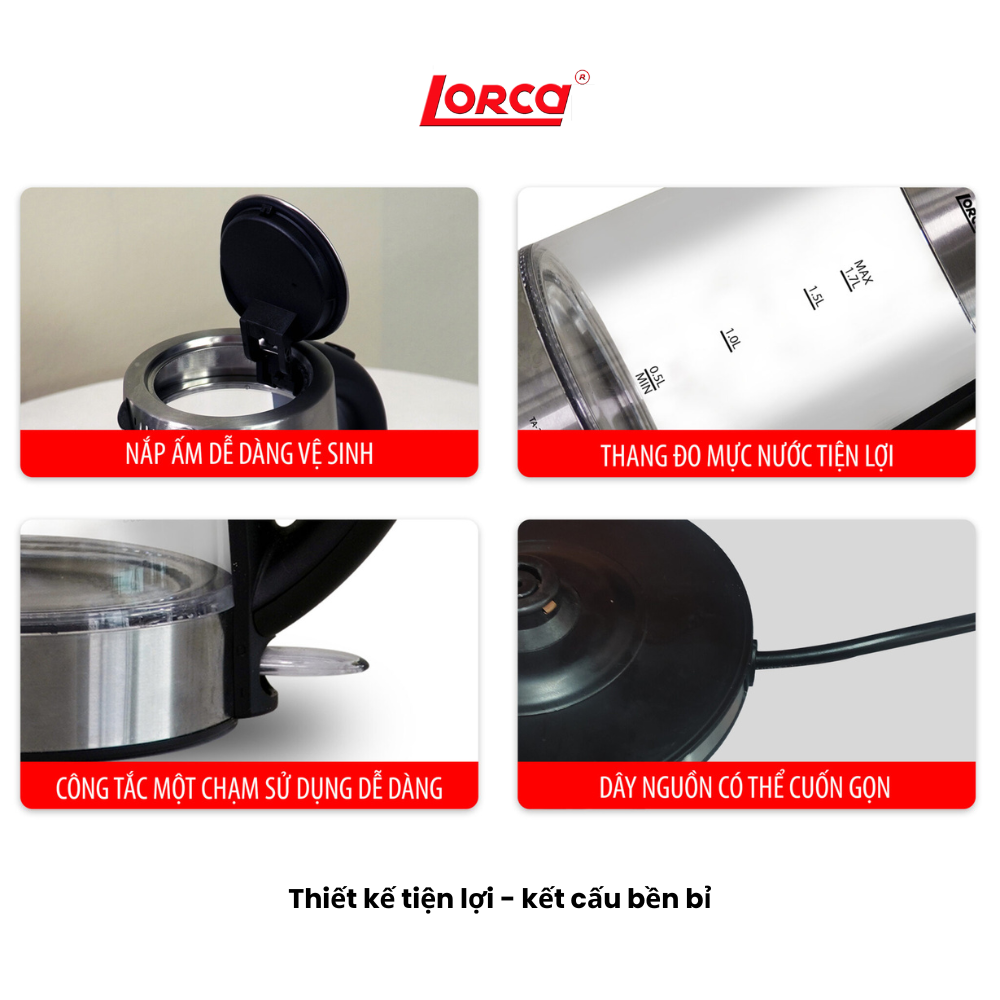 Ấm Đun Siêu Tốc 2 Lớp 1.7L Lorca TA 3006A Hàng Chính Hãng Ấm Đun Nước Thủy Tinh Inox Đun Nhanh, Công Suất Lớn 2200W