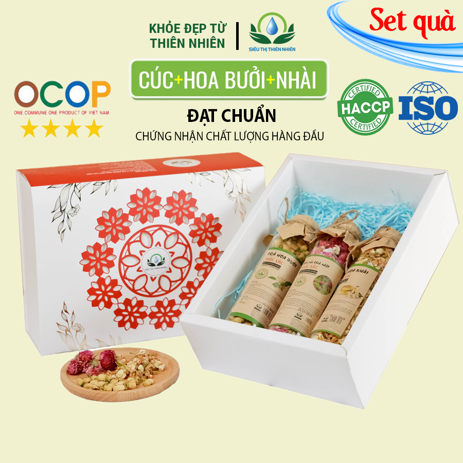 Hộp quà tặng trà hoa cao cấp - Set 15: Hoa cúc bách nhật, Hoa nhài, Hoa bưởi