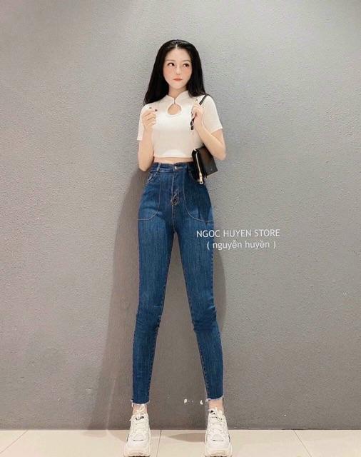 Quần jeans ôm body lưng siêu cao nút kiểu , quần jeNs nữ quần bò nữ lưng cao có túi