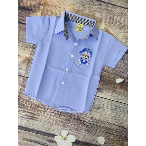 Áo Sơ Mi Bé Trai Size 10Kg-22Kg, 1-7 Tuổi Thêu Hình Đoraemon, Áo Tay Ngắn Chất Đẹp - Áo Xanh Ngọc 12-14Kg