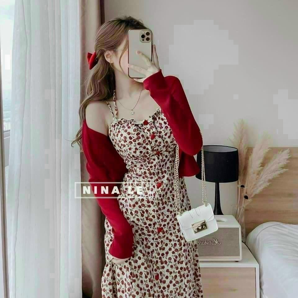 FRE SHIP Sét Đầm Váy Nữ Chất Vải Lụa 2 Dây Hoạ Tiết Hoa Lá Kèm Áo Khoác Ngoài Thun Gân Thiết Kế Sang Chảnh KIMGIA DS