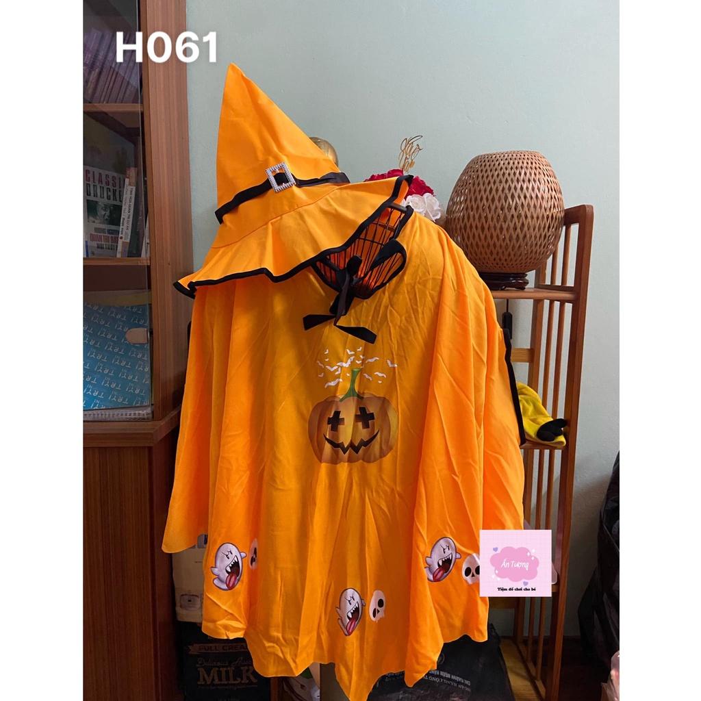 Set áo choàng mũ phù thủy cánh dơi hoạ tiết bí ngô hóa trang Halloween