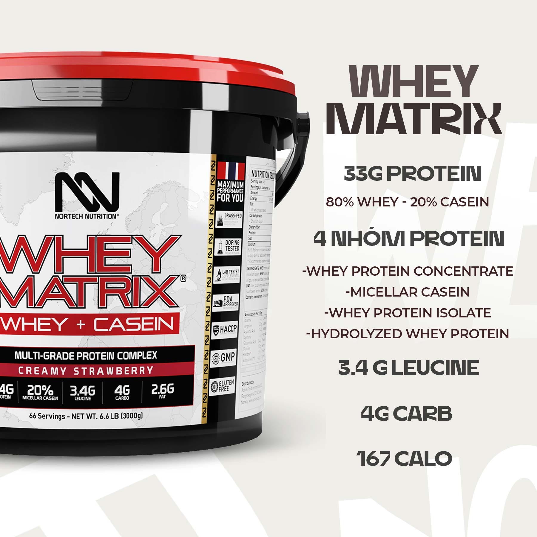 Sữa tăng cơ Whey Protein - Whey Matrix từ Nortech Nurition - 33g Protein Whey &amp; Casein - 66 Lần dùng - Hỗ Trợ Tăng Cơ &amp; Phục Hồi Cơ bắp liên tục