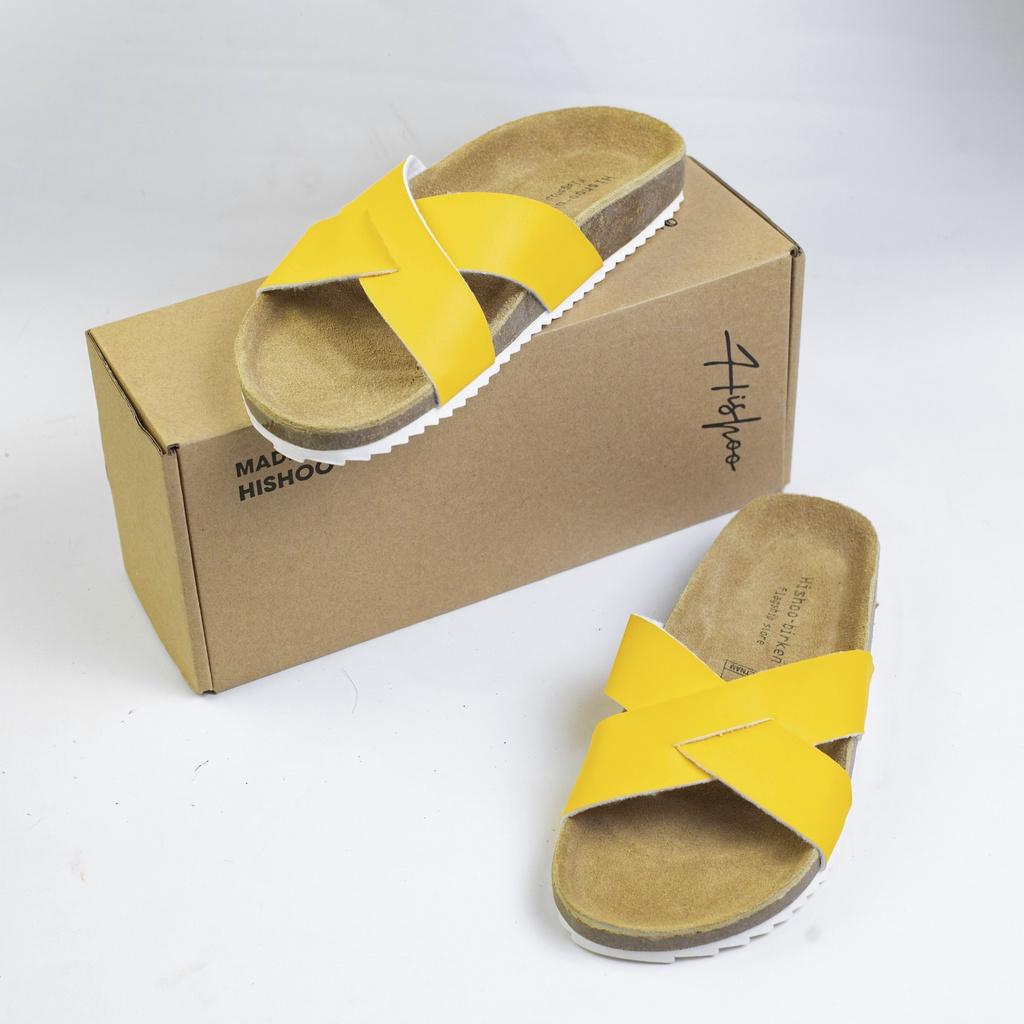 Dép đế trấu birken nam nữ unisex quai ngang chéo da tổng hợp màu vàng bigsize 35 - 43 chính hãng Hishoo V096