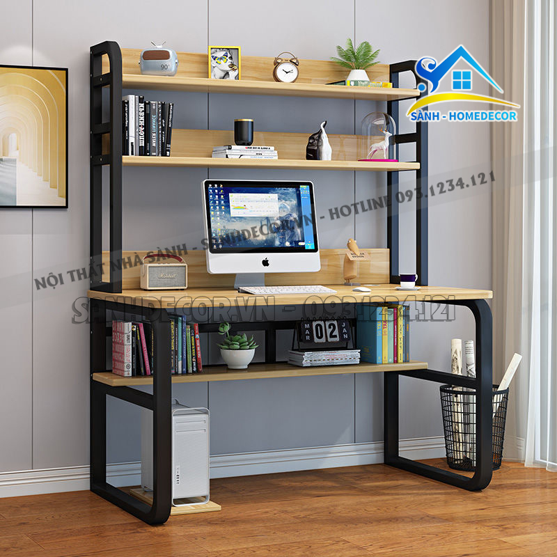 Bàn học cho bé, bàn học liền kệ sách khung sắt sơn tĩnh điện 120x60x165 - BLV127, bàn làm việc thông minh liền kệ sách đa năng cho bé