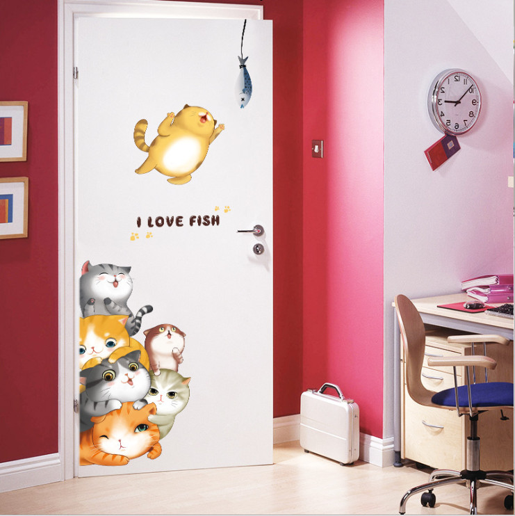 Decal dán tường mèo con dễ thương I love fish đủ màu trang trí nhà cửa đẹp, sáng tạo