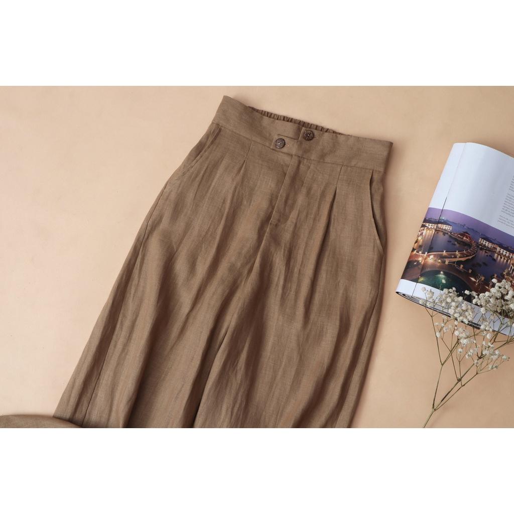 Quần suông Linen KACHISA nút cách điệu màu nâu