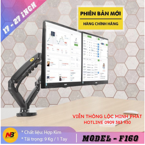 {HÀNG CHÍNH HÃNG} Giá treo 2 màn hình kép NB F160 17-27 inch, tải trọng 9kg mỗi bên