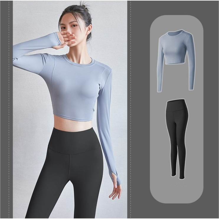 Bộ Đồ Tập Gym, Yoga, Aerobic Nữ, Quần Áo Thể Thao Nữ Quần Dài Và Áo Croptop Dài Tay Xỏ Ngón