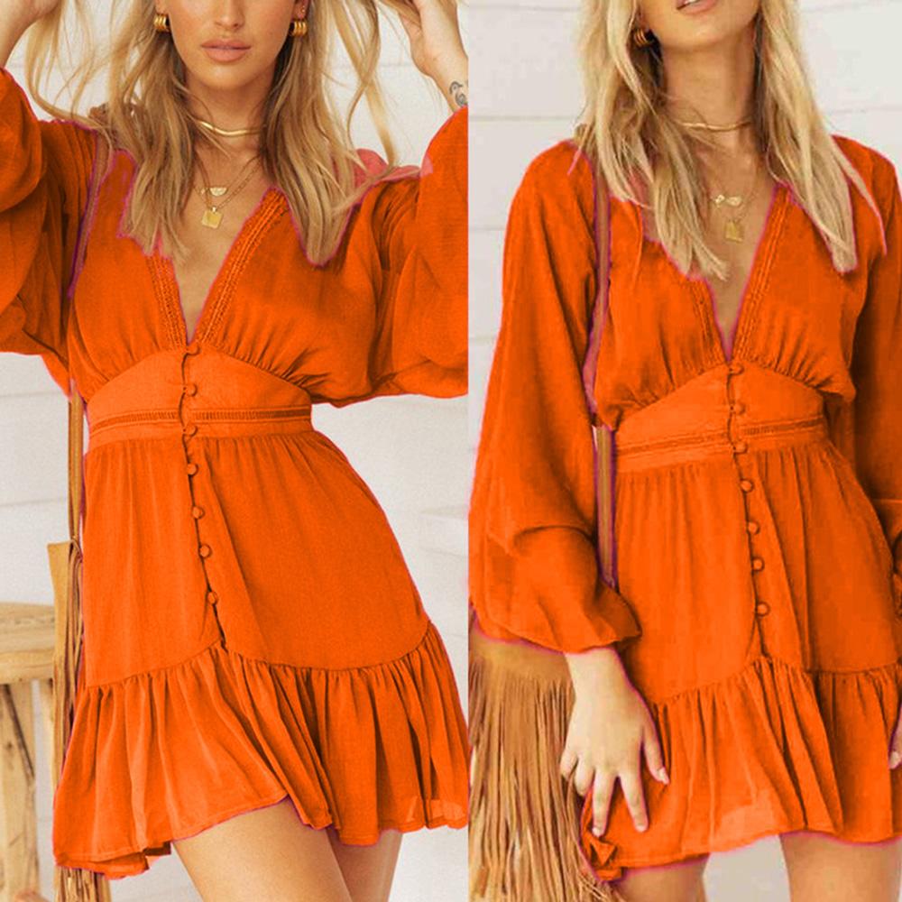 Women Ruffles Dress Button Deep V Neck Long Batwing Sleeves High Waist Boho Holiday Beach Casual Mini Dress