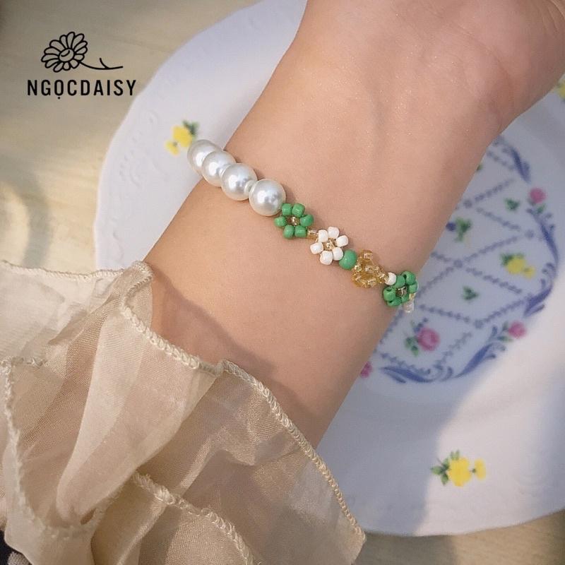 N109 bộ vòng tay , dây chuyền handmade hạt cườm hoa Daisy xanh lá trắng trà xinh xắn